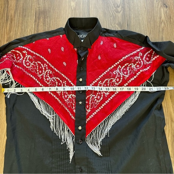 Womens Medium Fringe Western Button Down Shirt Sequins Black Red Rodeo Cowgirl - Picture 7 of 9